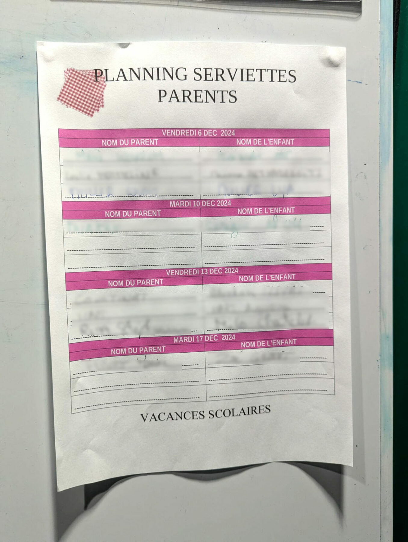 planning serviettes mater